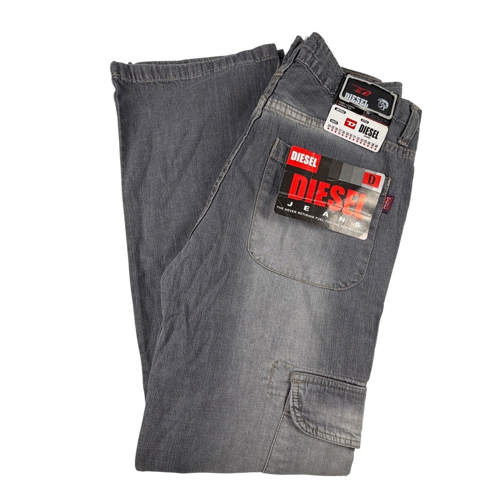 Vintage Y2K Diesel Cargo Jeans Men's 34 Gray Faded Wide Leg Utility Denim Pants